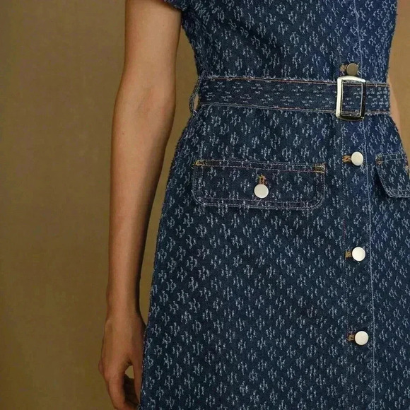 Blue Women's Flap Detail Buckle Belted Swiss Dot Denim Dress - Picture 2 of 8